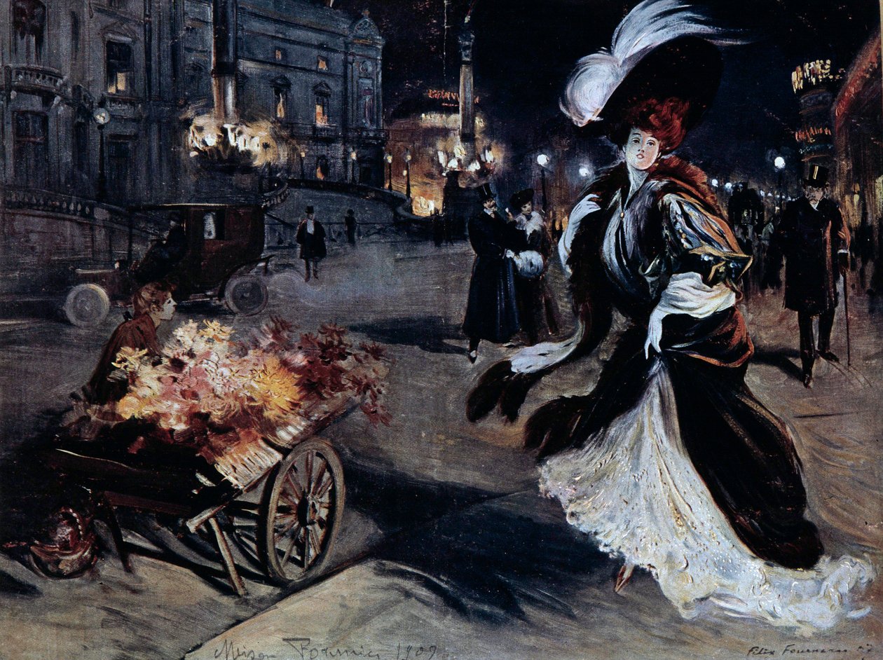 Belle Epoque: Donna con egrette in una strada parigina di notte da Felix Fournery