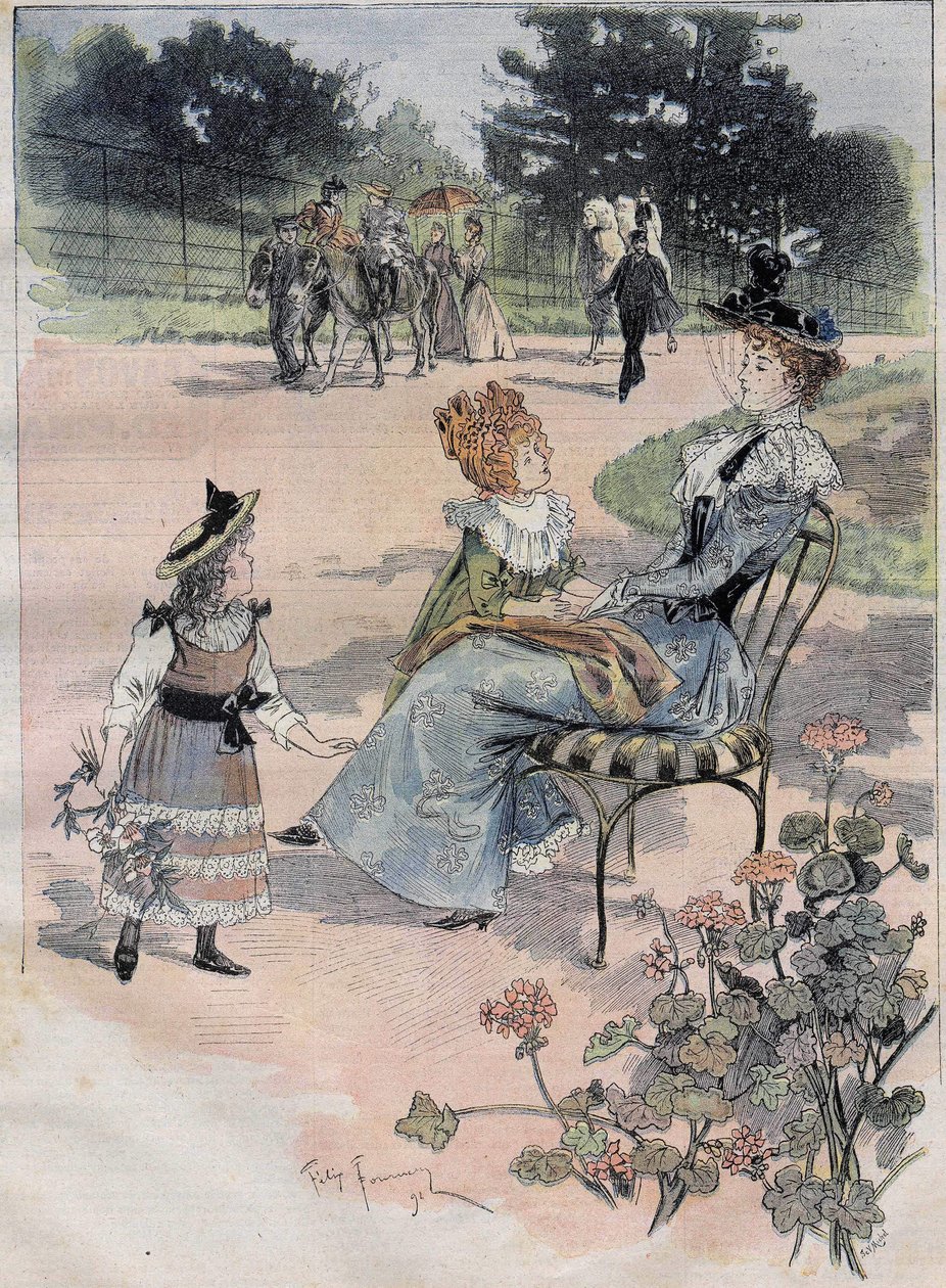 La passeggiata dei bambini al giardino di acclimatazione a Parigi nel 1892. Incisione acquerellata da Felix Fournery