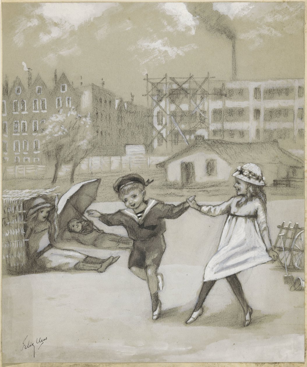 Ragazzo e ragazza danzanti in un parco cittadino o parco giochi da Felix Hess (signed by artist)