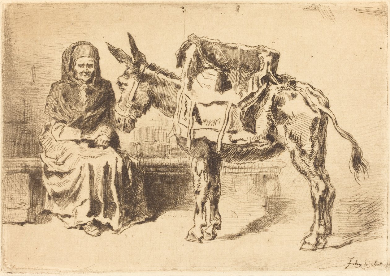 Donna seduta e asino, 1875 da Felix Hilaire Buhot