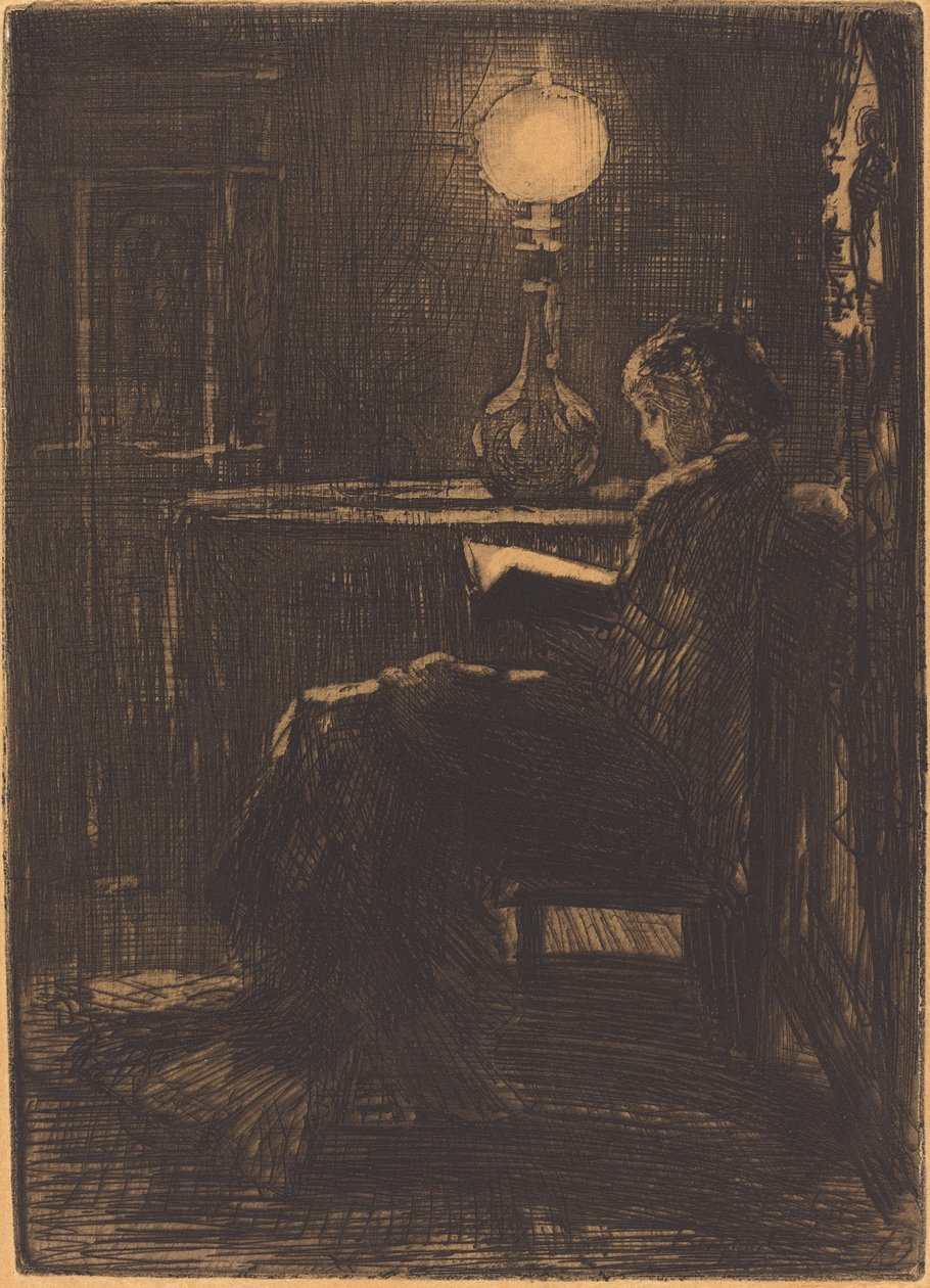 Donna che legge alla luce della lampada, 1879 da Felix Hilaire Buhot