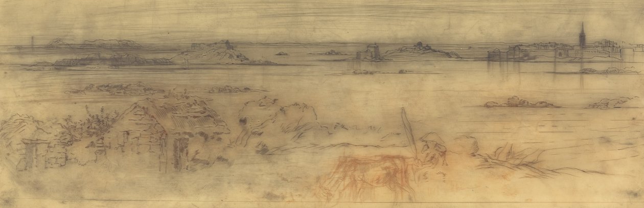 Paesaggio marino con una città fortificata a destra, isole a sinistra e un cottage in primo piano, c. 1882 da Felix Hilaire Buhot
