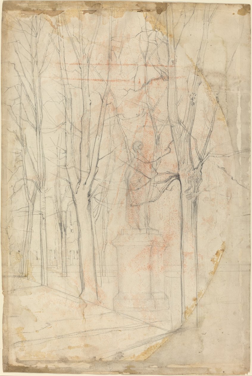 Schizzo di alberi con una statua su un piedistallo da Felix Hilaire Buhot