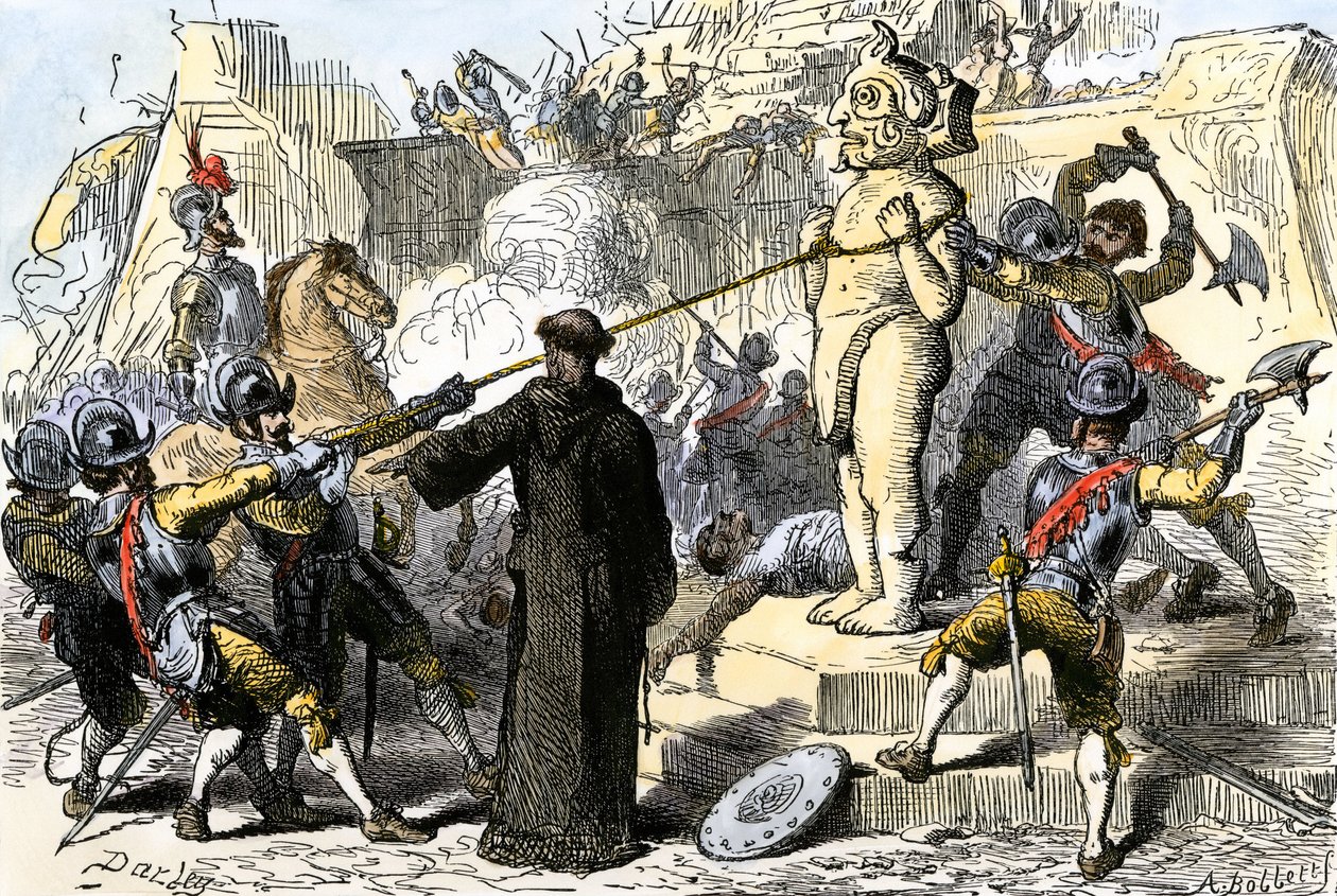 Sacerdoti spagnoli distruggono gli idoli aztechi del Messico. XIX secolo (incisione a colori) da Felix Octavius Carr Darley