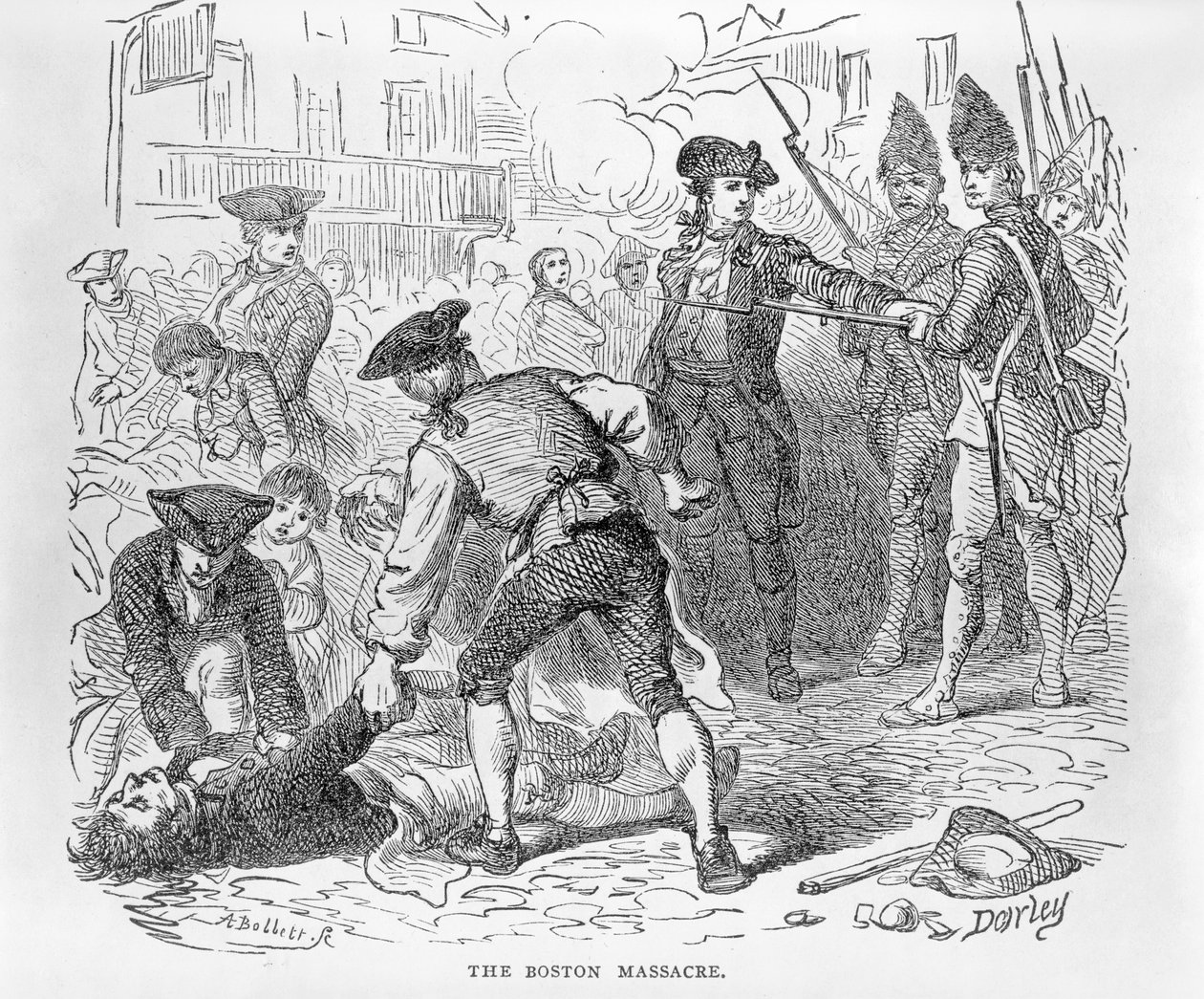 Il massacro di Boston, 5 marzo 1770, inciso da A. Bollett da Felix Octavius Carr Darley
