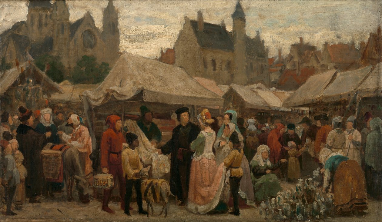 Una fiera a Gand nel Medioevo, studio, 1862 circa (olio su tela) da Felix de Vigne