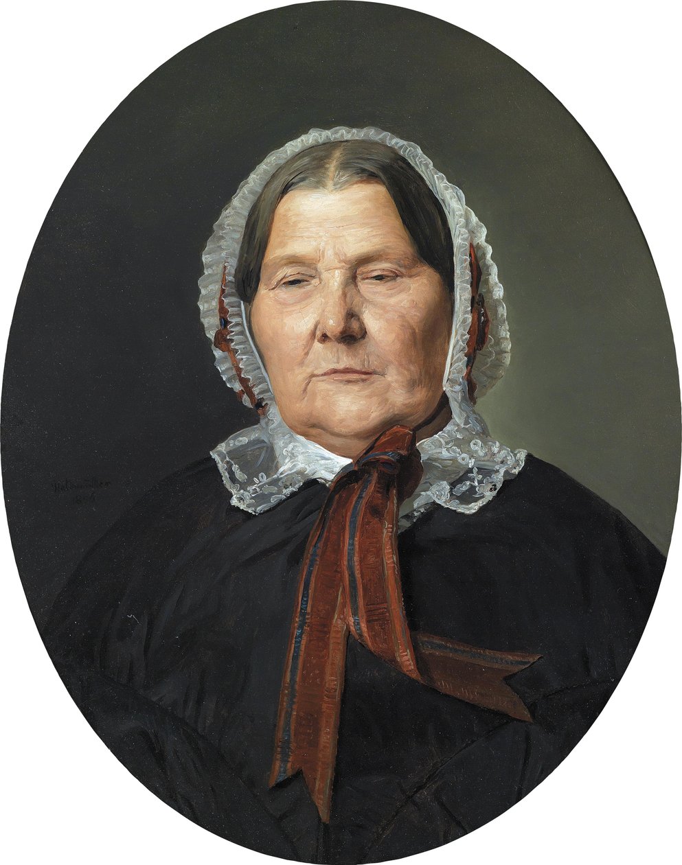 Vecchia donna in abito nero e cuffia bianca con nastri rossi da Ferdinand Georg Waldmuller