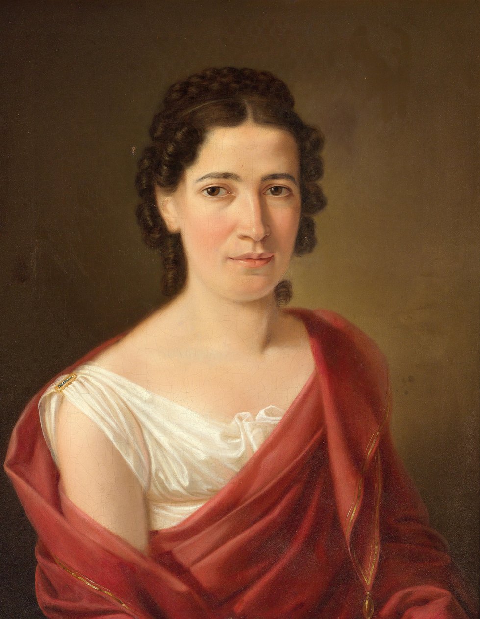 Donna dai capelli neri in un vestito bianco e scialle rosso vino da Ferdinand Georg Waldmuller
