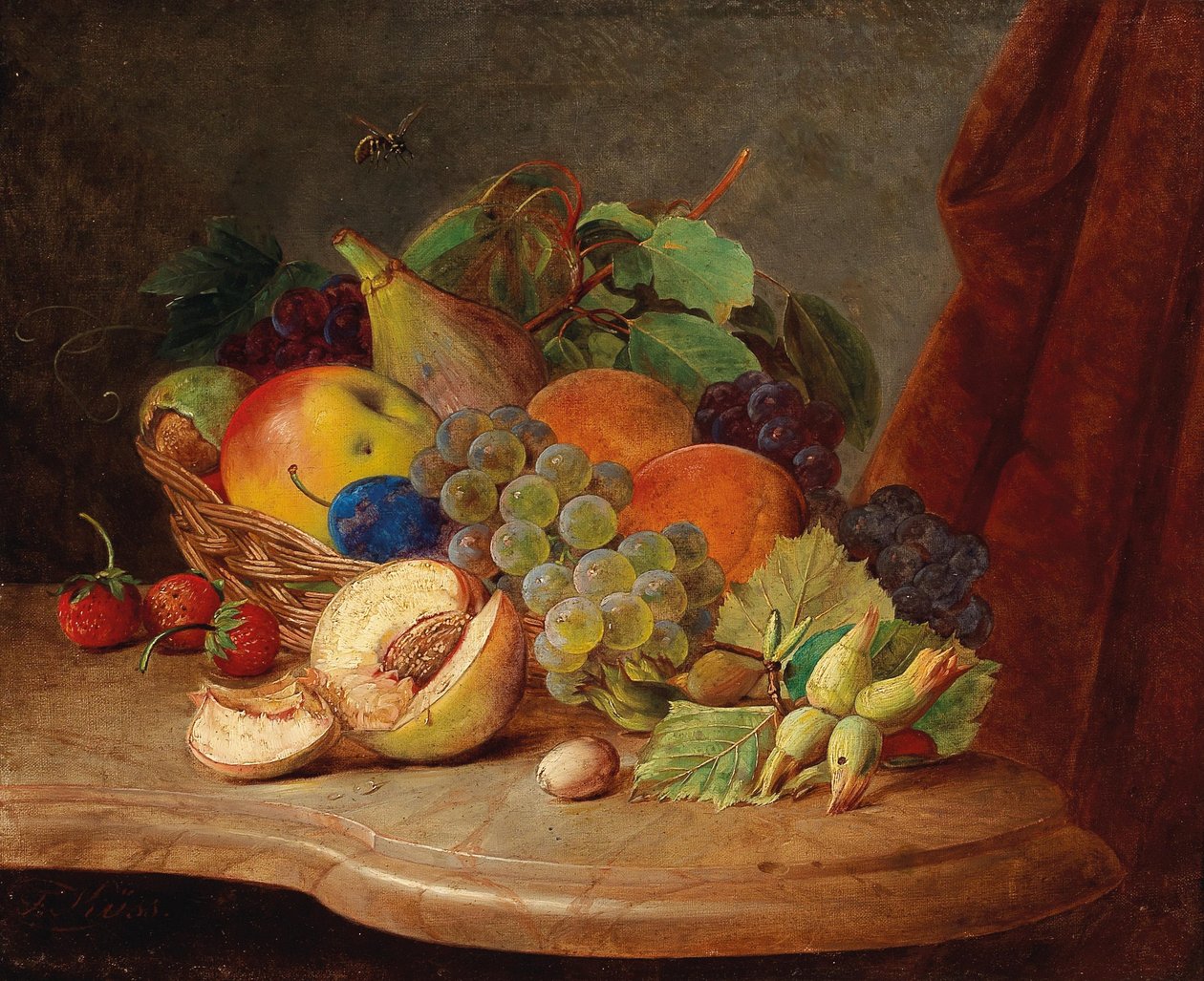 Natura morta con cesto di frutta e ape da Ferdinand Kuss