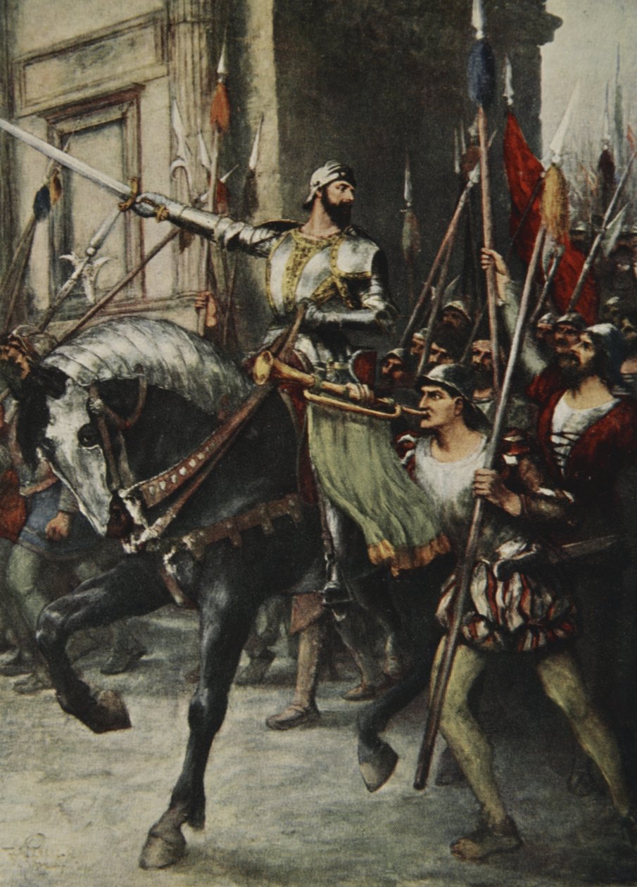 Alla testa di un grande gruppo di uomini cavalcava Rienzi, da 