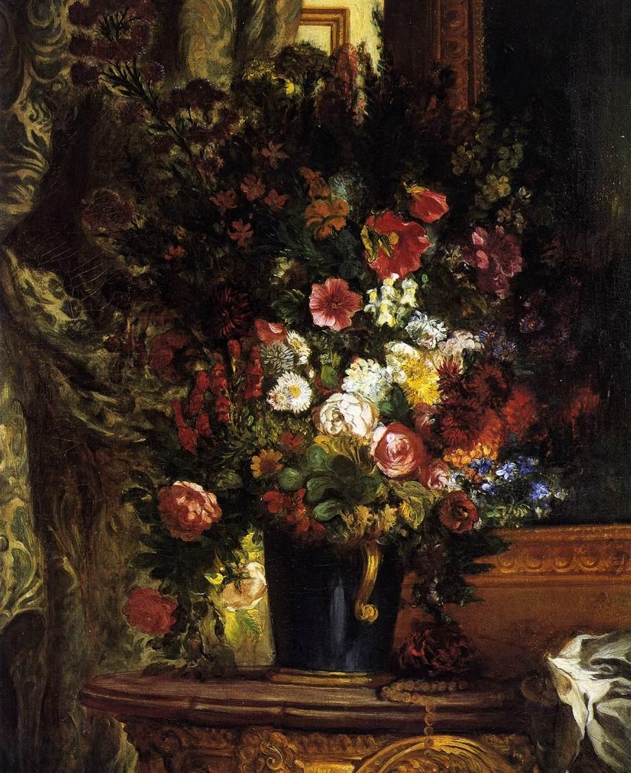 Un vaso di fiori su una console da Ferdinand Victor Eugene Delacroix