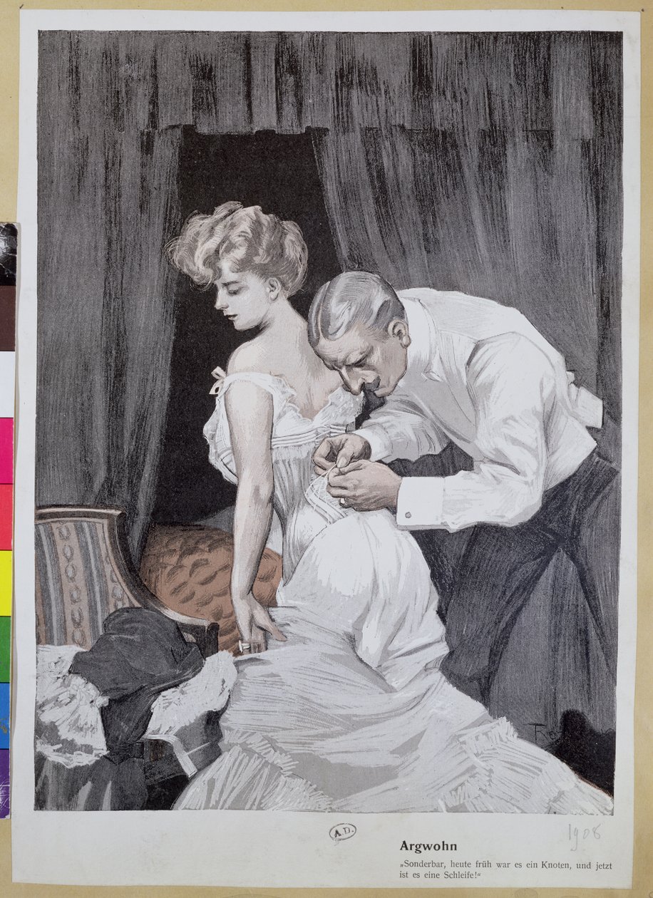 Marito sospettoso osserva la modifica nel legare il corsetto della moglie, 1909 da Ferdinand von Reznicek