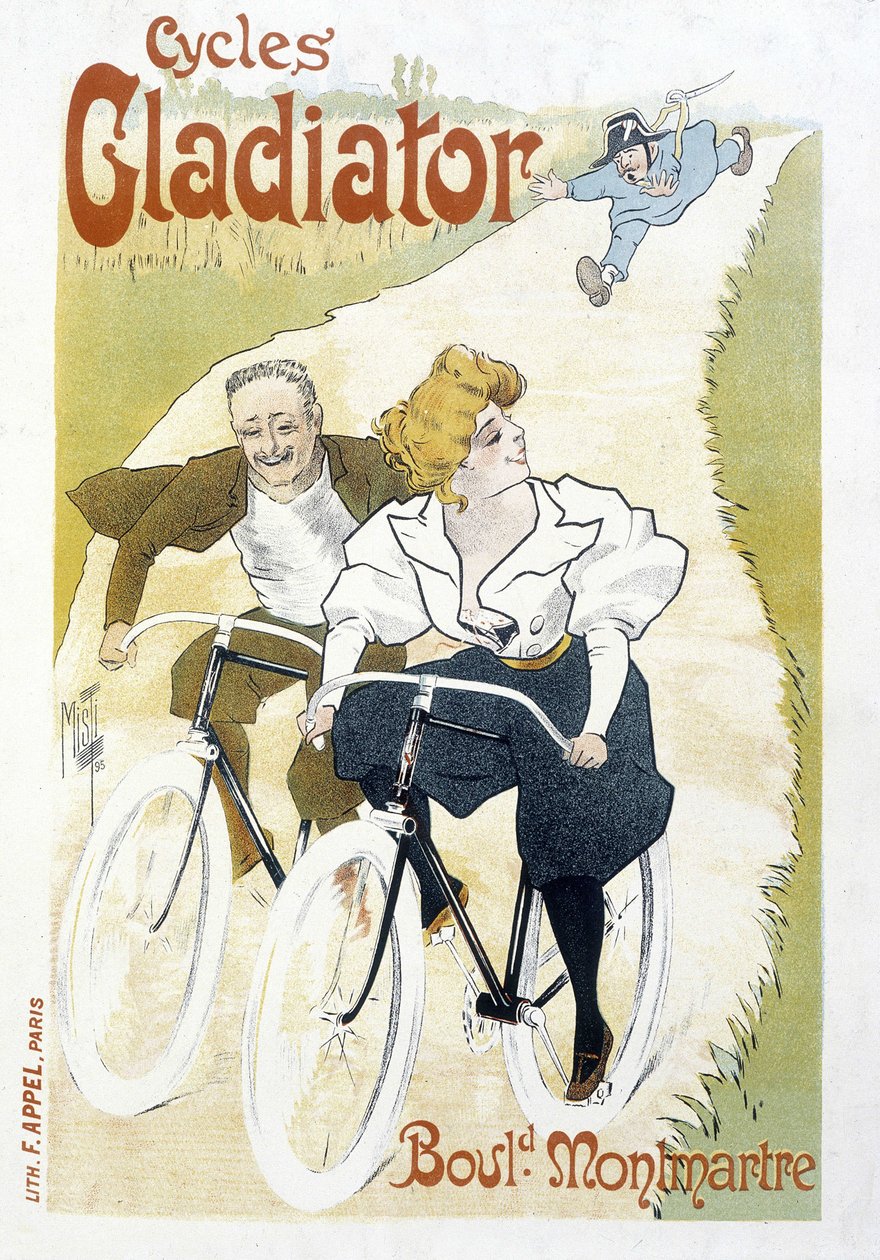Coppia in bicicletta inseguita da un poliziotto - Pubblicità per Cicli Gladiator, di Misti, ca. 1895 da Ferdinand  Misti Mifliez
