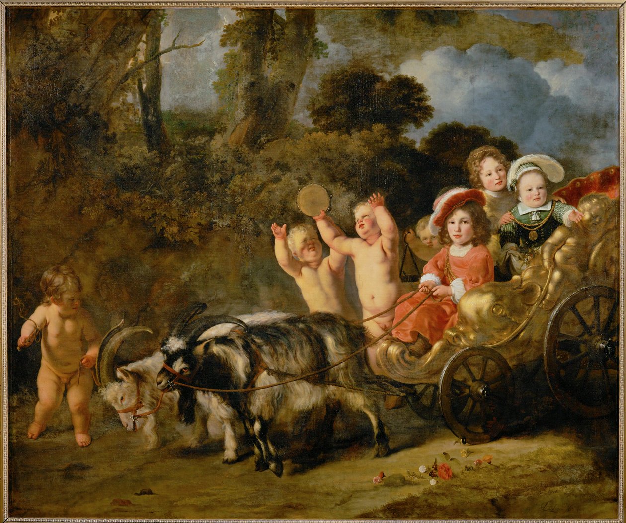 Bambini aristocratici in una carrozza trainata da capre (dipinto su tela) da Ferdinand Bol