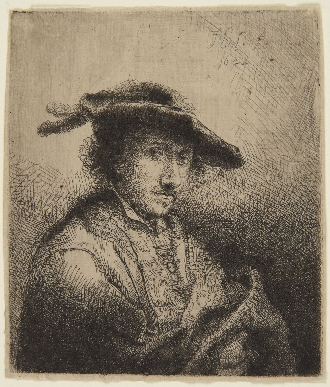 Uomo con piuma nel berretto da Ferdinand Bol
