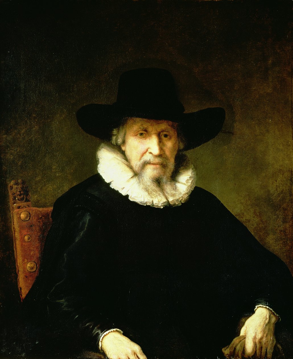 Ritratto di un gentiluomo con gorgiera e abiti scuri con cappello a tesa larga da Ferdinand Bol