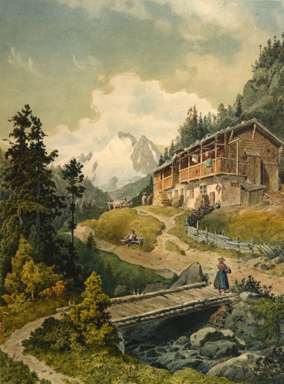 Paesaggio alpino con un ponte da Ferdinand Gatt
