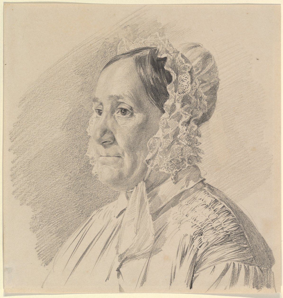 Ritratto di una donna con cuffia di pizzo, in profilo a tre quarti verso sinistra da Ferdinand Georg Waldmüller