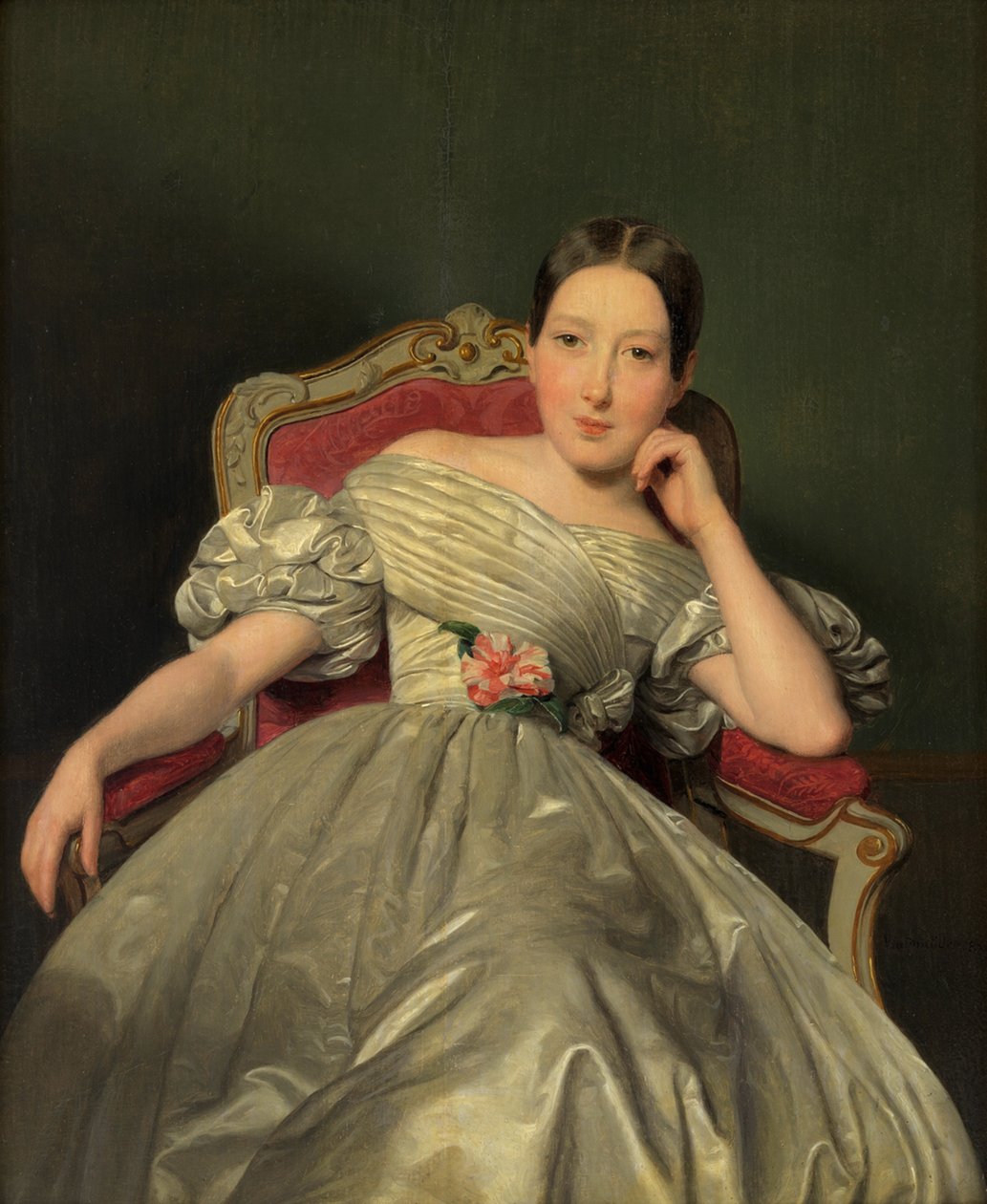 Ragazza seduta con un abito bianco di atlas da Ferdinand Georg Waldmüller