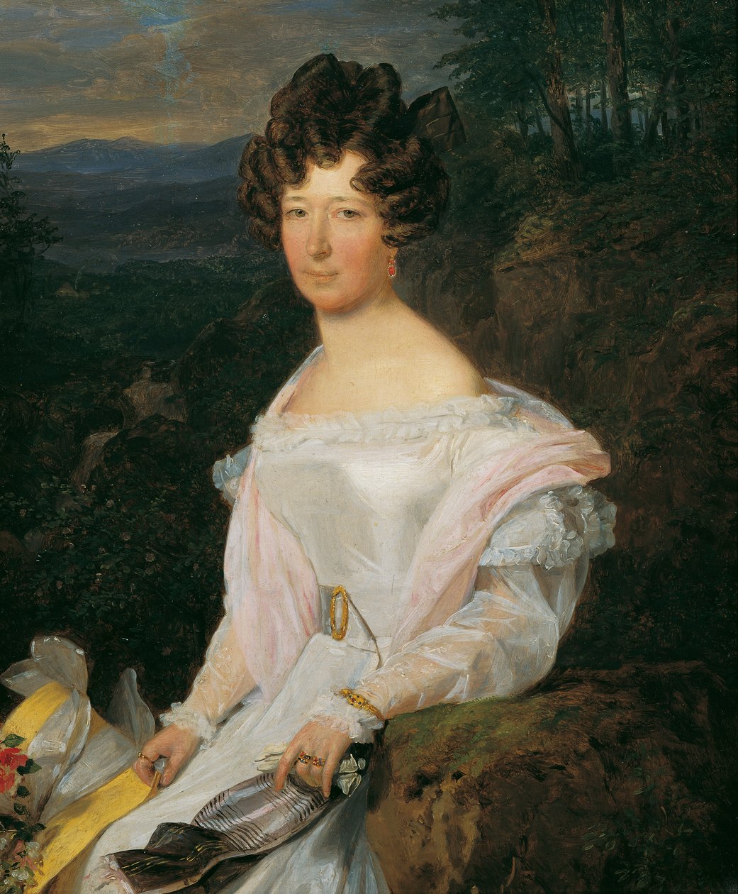 Dama in abito bianco davanti a un paesaggio del Wienerwald da Ferdinand Georg Waldmuller