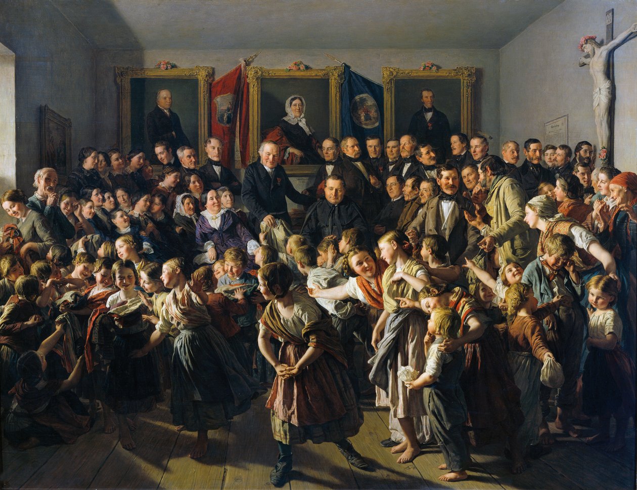 I bambini dei genitori poveri ricevono vestiti invernali dalla comunità di Spittelberg il giorno di San Michele da Ferdinand Georg Waldmuller