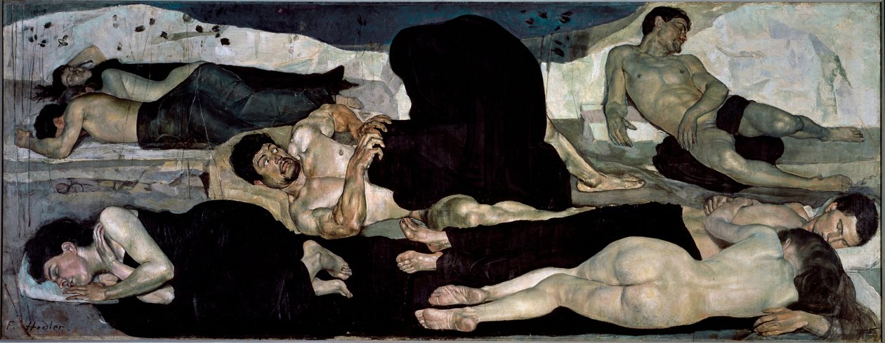 Di notte Gruppo di dormienti nudi, uno di loro in preda a un incubo da Ferdinand Hodler
