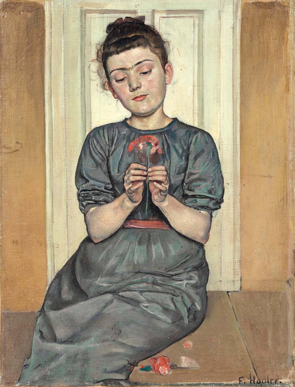 Ragazza che sistema i fiori Ragazza con garofano, c. 1886 da Ferdinand Hodler