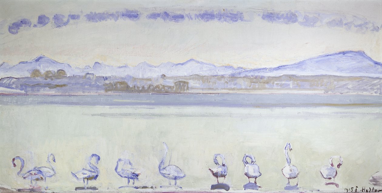 Nove cigni davanti a un paesaggio montuoso (Der Hafen von Genf, mit Neun Schwanen, vom Quai du Mont Blanc aus), 1915 da Ferdinand Hodler