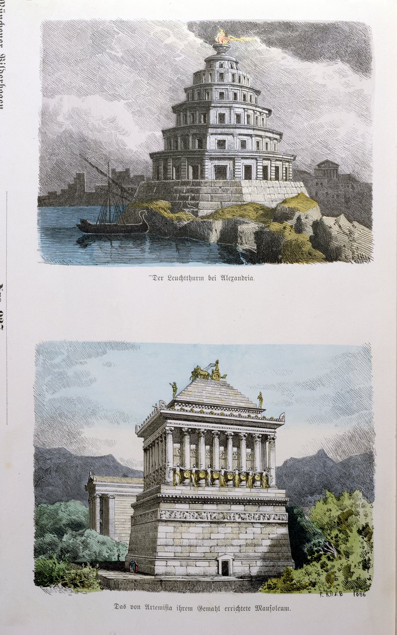 Il grande faro di Alessandria e il Mausoleo di Alicarnasso, da una serie delle Sette meraviglie del mondo pubblicata in Munchener Bilderbogen, 1886 da Ferdinand Knab