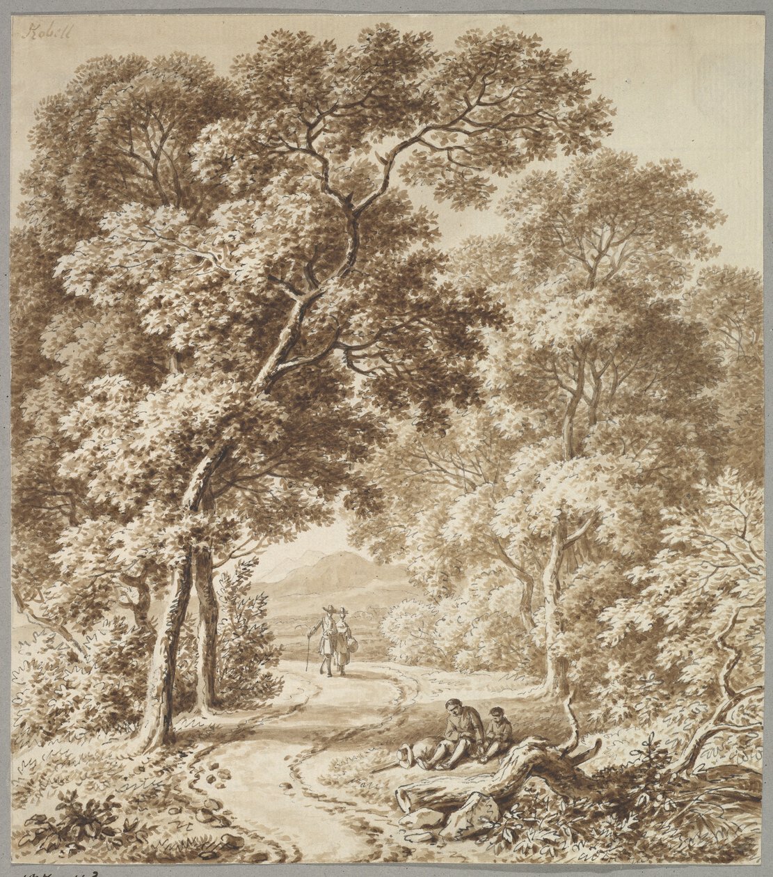 Un sentiero fiancheggiato da alberi con due mendicanti e una coppia a passeggio da Ferdinand Kobell