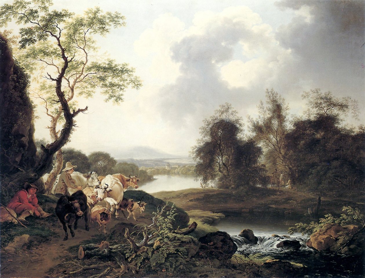 Tedesco: Paesaggio fluviale con cascata, escursionista in riposo, pastore con mucche e capre e tre viaggiatori da Ferdinand Kobell