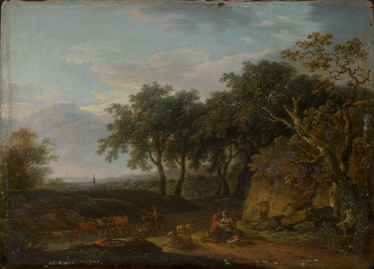 Paesaggio boschivo con pastore e gregge da Ferdinand Kobell