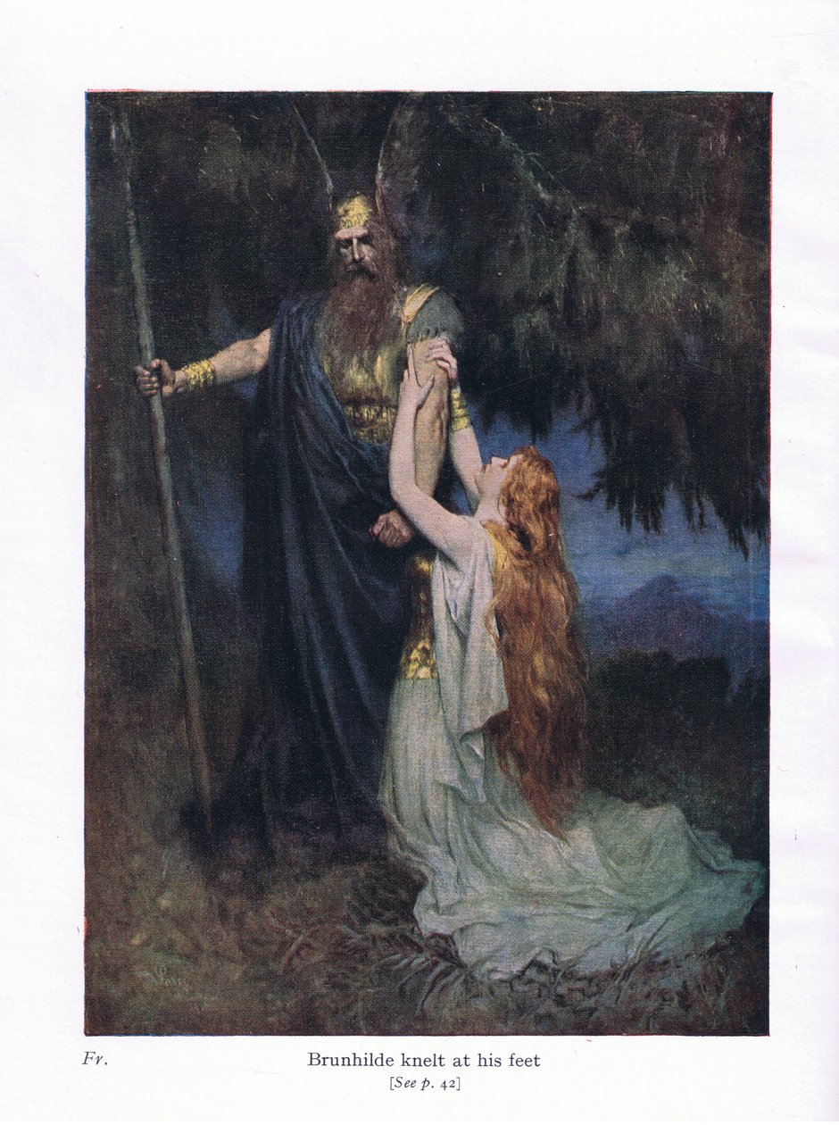 Brunilde si inginocchiò ai suoi piedi, illustrazione da Le storie delle opere di Wagner pub. da George Harrap & Co Ltd 1932 da Ferdinand Lecke