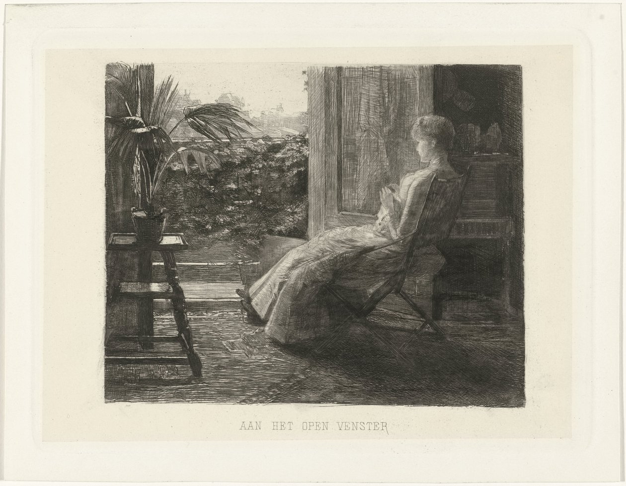 Giovane donna che ricama vicino alla finestra aperta da Ferdinand Oldewelt