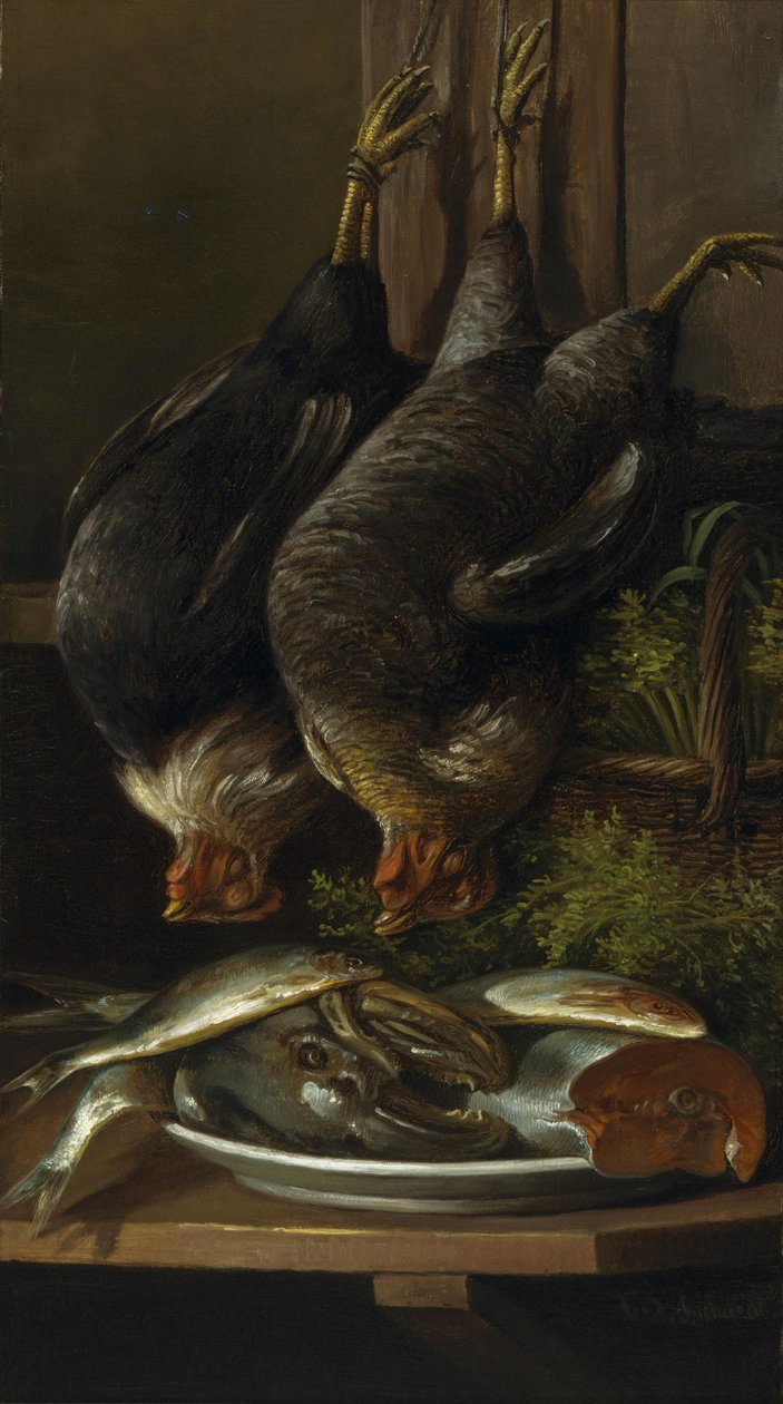 Natura morta con galline e pesci da Ferdinand Richardt