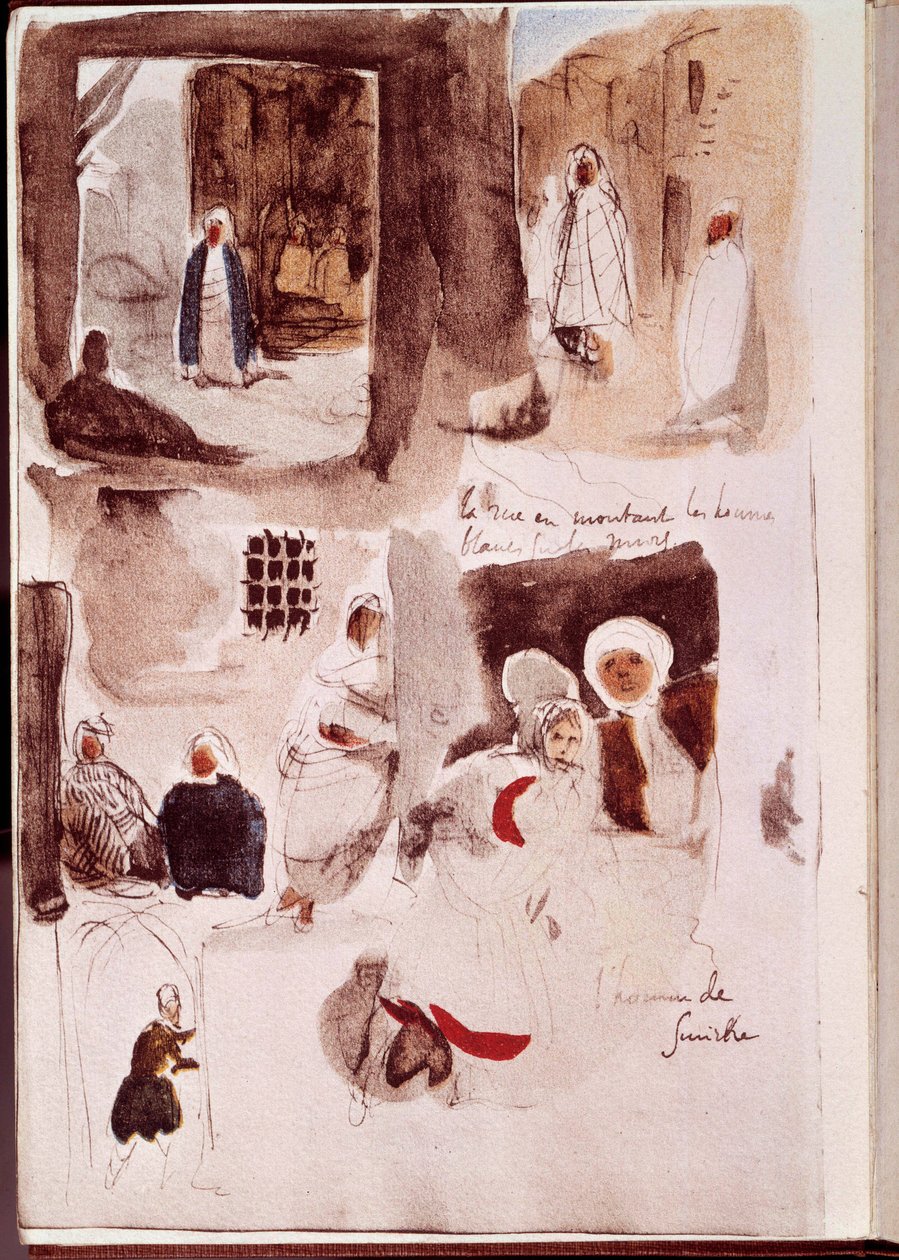 Album dal Nord Africa e Spagna: Strade, muri e negozi con personaggi in piedi o seduti, incluso l