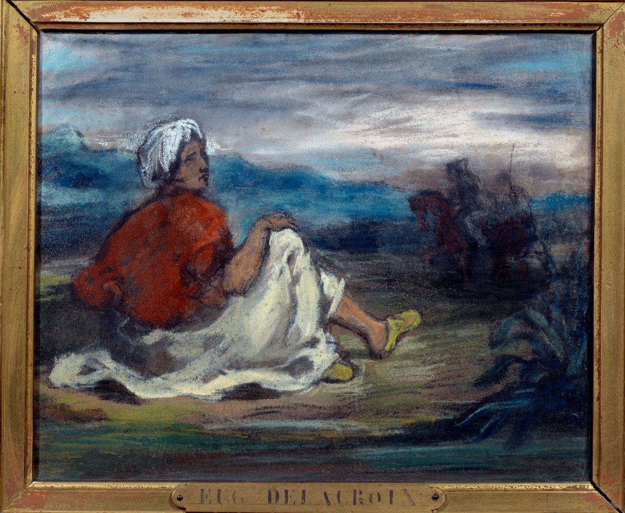 Un arabo seduto in campagna sul bordo di una strada da Ferdinand Victor Eugene Delacroix