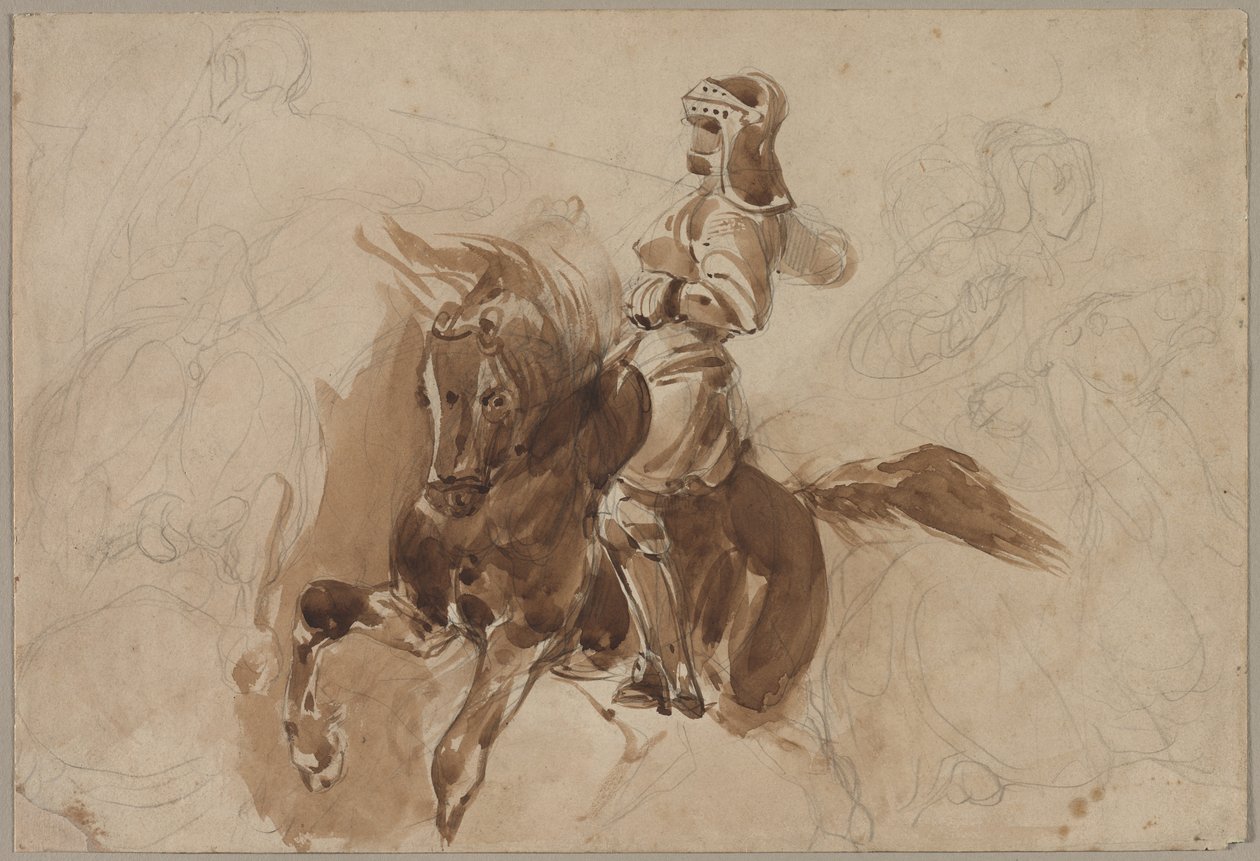 Figura corazzata a cavallo (recto), Cavallo davanti a un fienile (verso), c. 1828 da Ferdinand Victor Eugene Delacroix