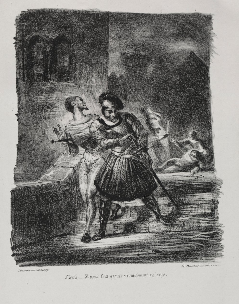 Illustrazioni per Faust: Mefistofele e Faust fuggono dopo il duello, 1828 da Ferdinand Victor Eugene Delacroix