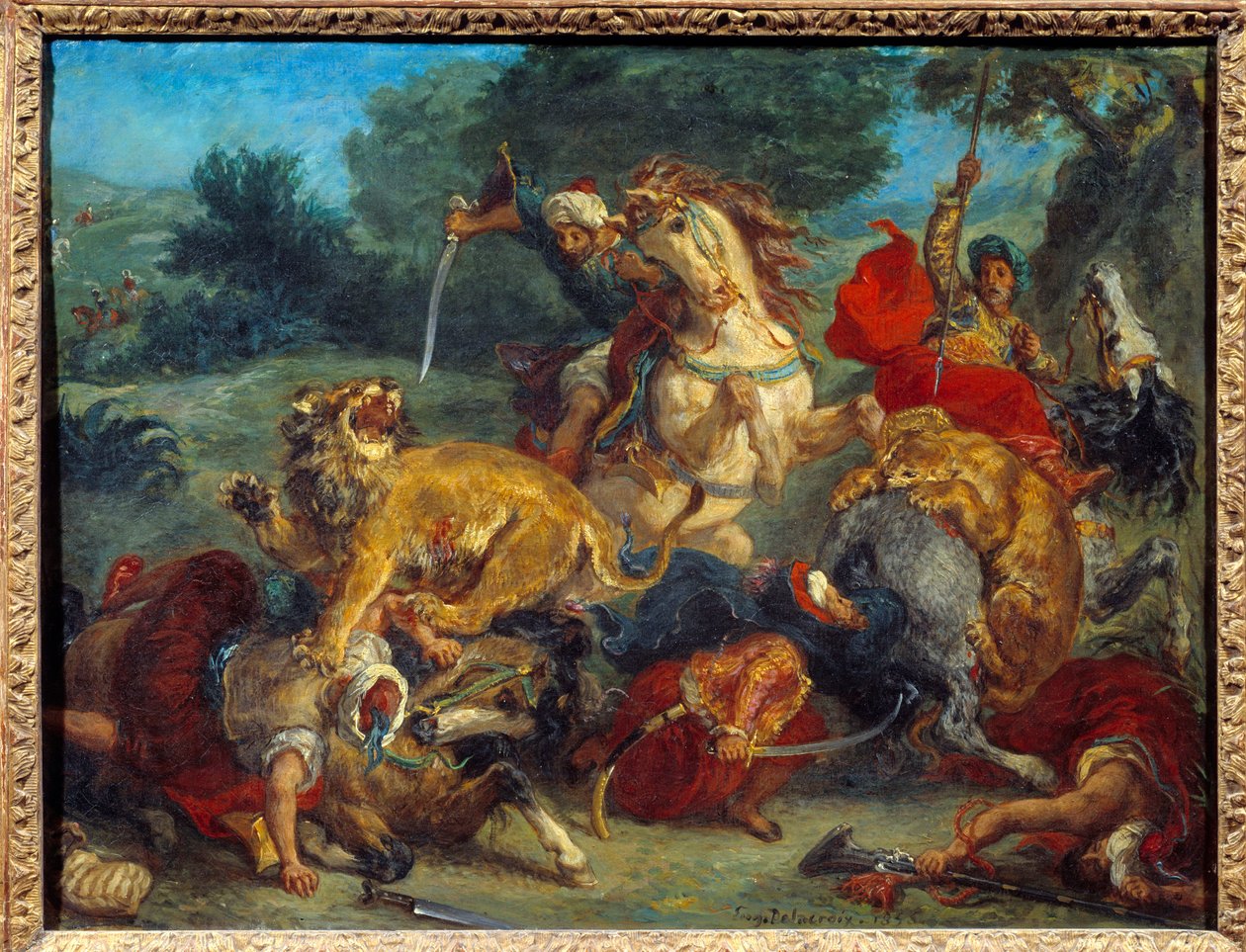 Caccia al leone. Dipinto di Eugene Delacroix da Ferdinand Victor Eugene Delacroix