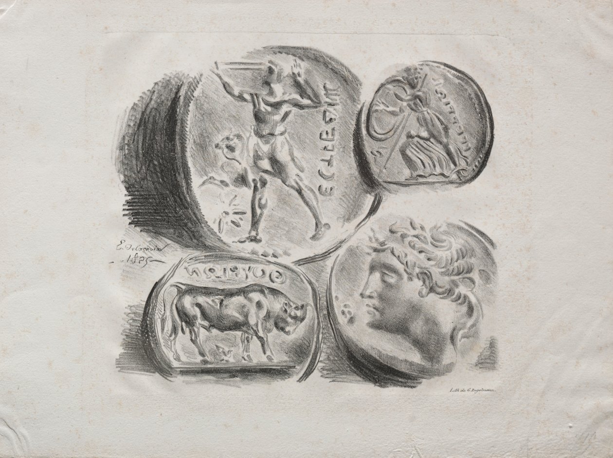Foglio di quattro medaglie antiche, 1825 da Ferdinand Victor Eugene Delacroix