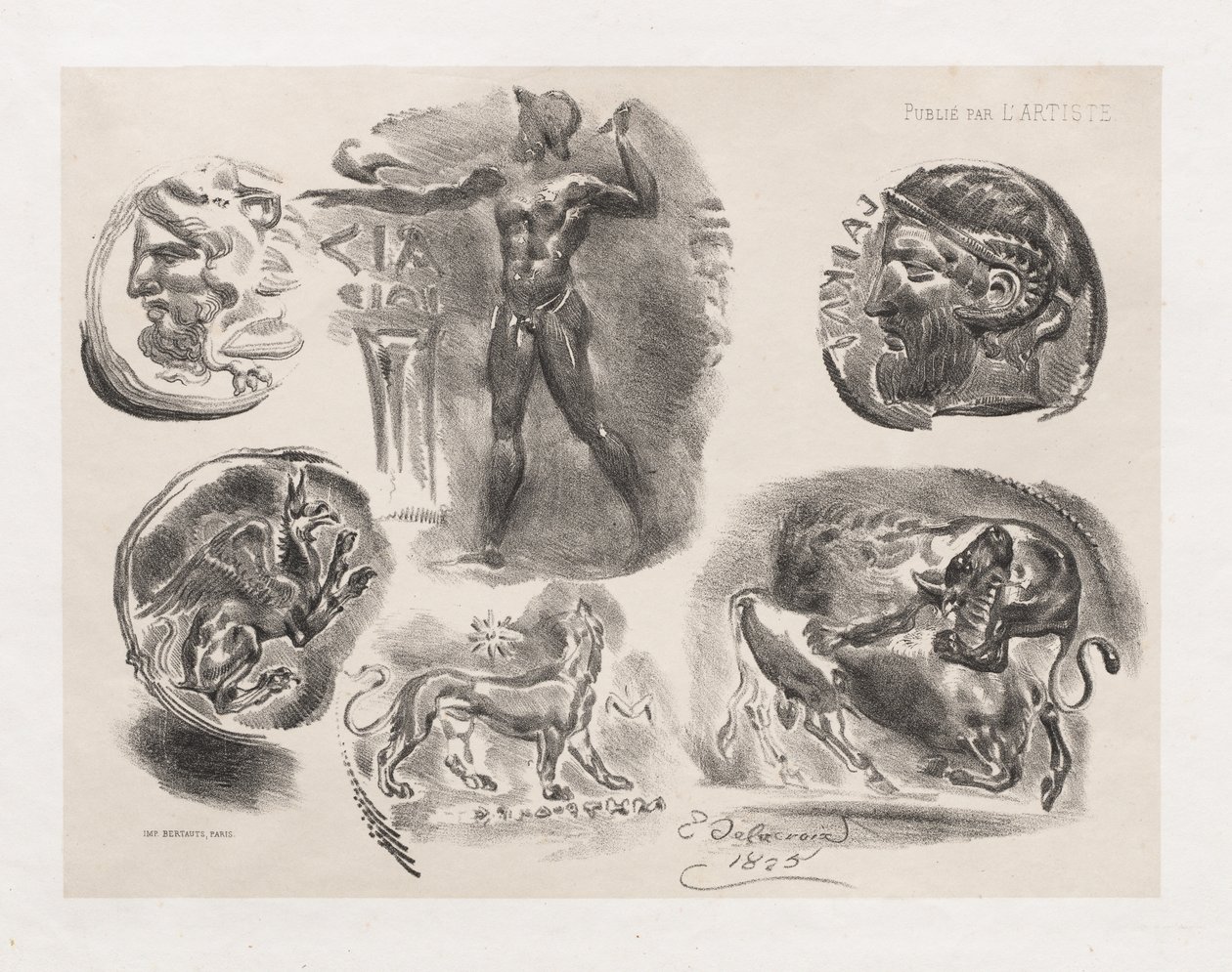 Foglio di sei monete antiche, 1825 da Ferdinand Victor Eugene Delacroix