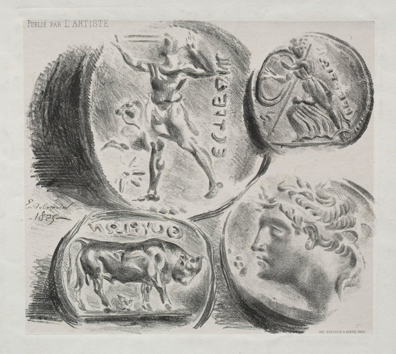 Foglio con quattro medaglie antiche, 1825 da Ferdinand Victor Eugene Delacroix