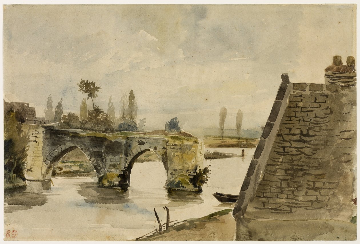 Il ponte vecchio di Nantes, 1827 circa (acquerello su carta vergata color crema) da Ferdinand Victor Eugene Delacroix