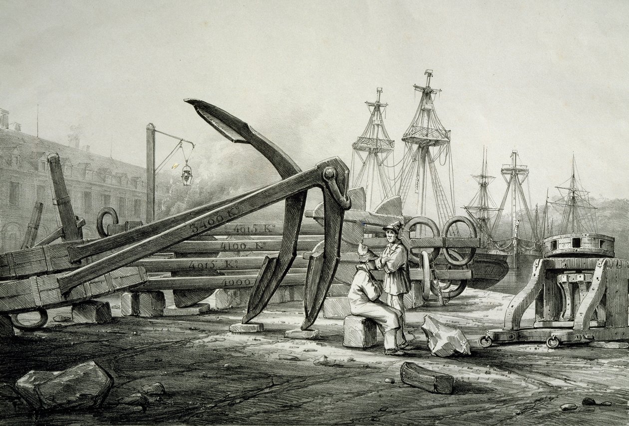 Ancore al cantiere navale, di Ferdinand Perrot, litografia da Ferdinand Victor Perrot