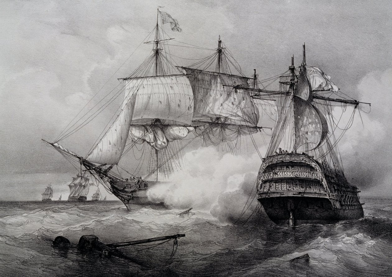 Battaglia tra nave americana da 74 cannoni e fregata britannica, litografia di Ferdinand Perrot da Ferdinand Victor Perrot