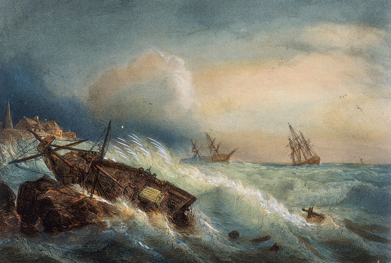 Naufragio sulla costa di Saint Nazaire, litografia a colori di Ferdinand Perrot, Francia da Ferdinand Victor Perrot