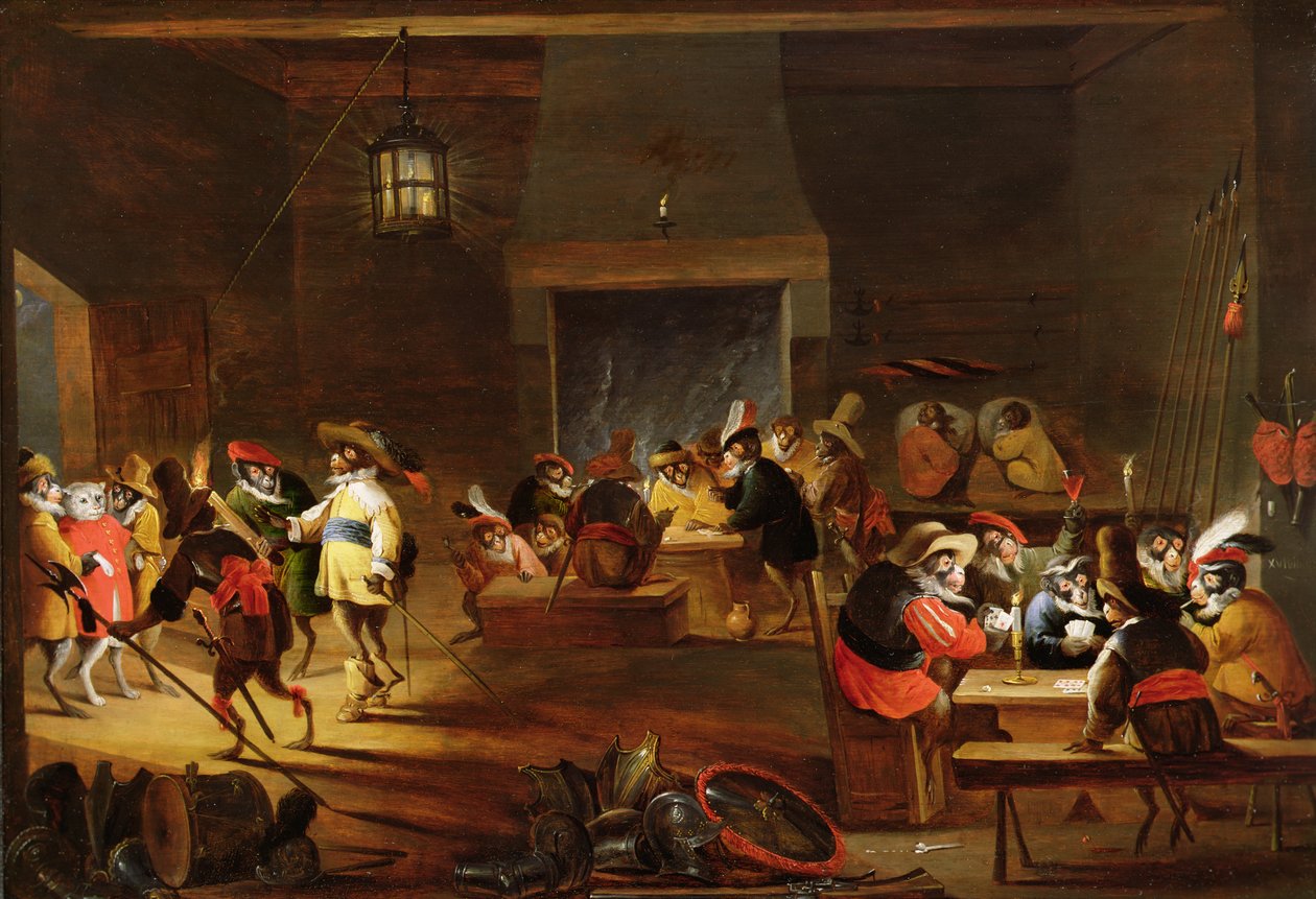 Scimmie in una taverna da Ferdinand van Kessel