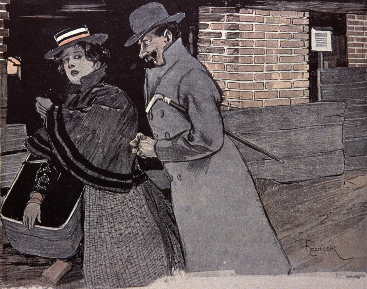 Uomo che molesta una giovane donna. Illustrazione di F. Von Reznicek in: Simplicissimus, Germania da Ferdinand von Reznicek