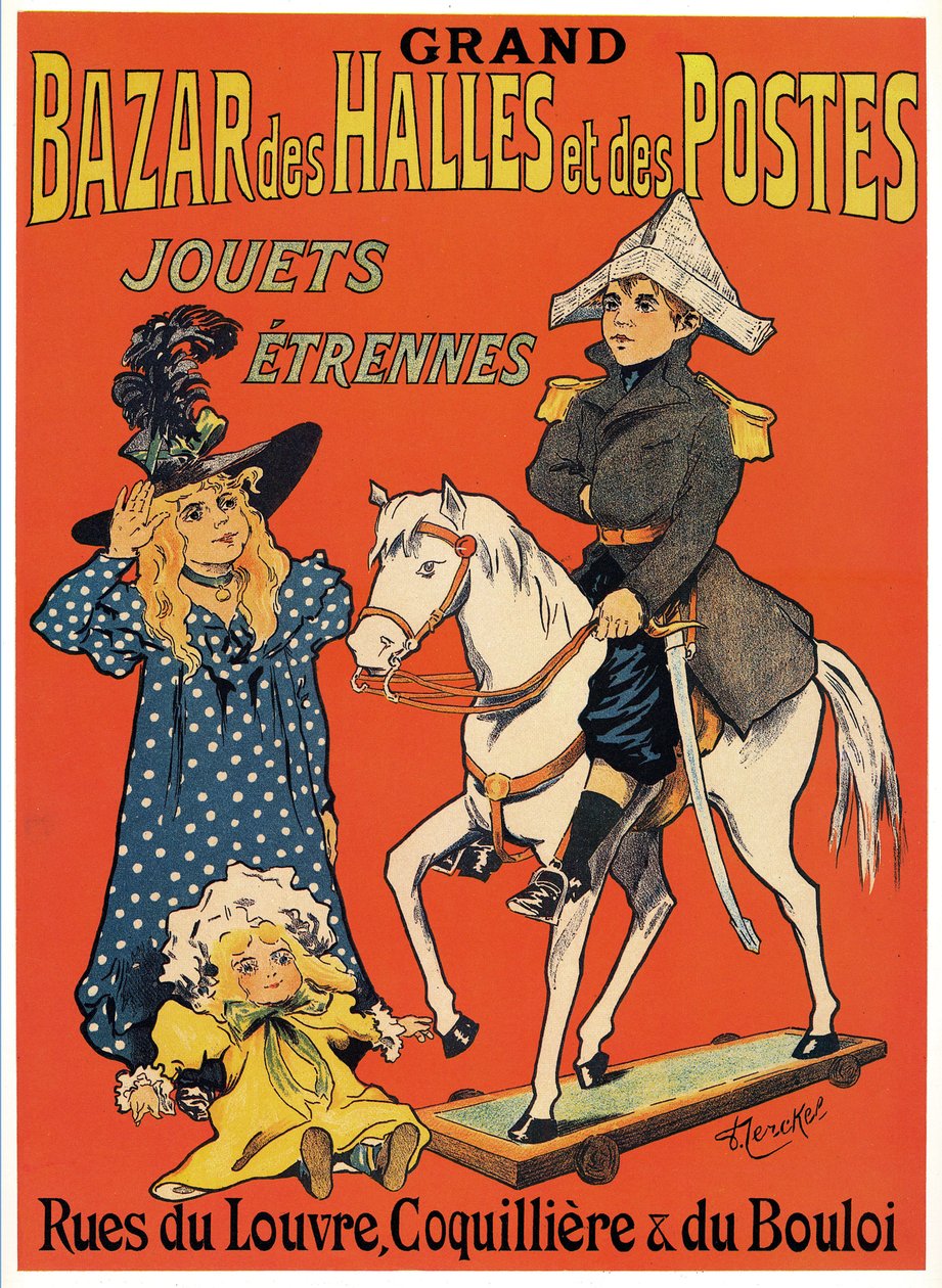 Manifesto pubblicitario del Grand Bazaar des Halles et des Posts: Negozio di giocattoli e giochi (Un piccolo Napoleone di legno, una strega e una bambola) Illustrazione di Fernand Fernel (Cerckel) (1872-1934) 1899 da Fernand Fernel